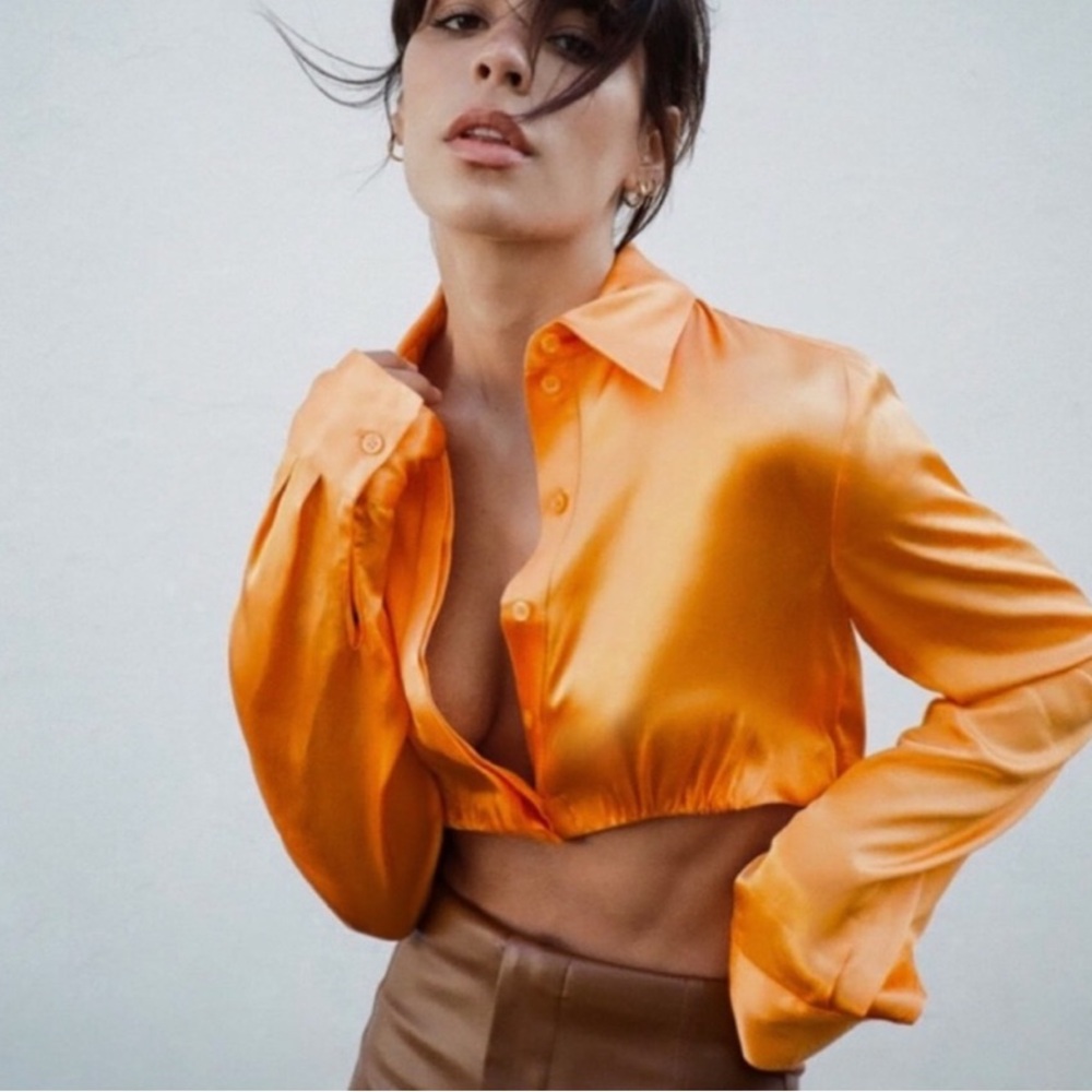 ZARA Vibrant Orange Cropped Button Down Blouse with Notched Collar